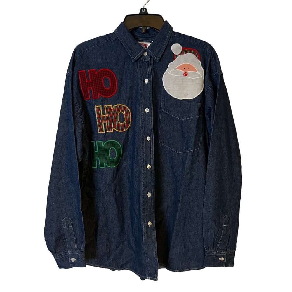 VINTAGE Backroad Blues Shirt Blue Jean Christmas Festive HO HO Santa Button Down